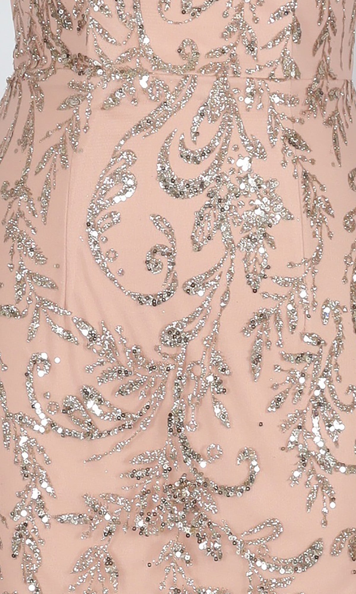 Close-up of peach fabric with silver sequin and bead embroidery in a leafy swirl—perfect for the Short Homecoming Dress: PromGirl Exclusive 250340B.